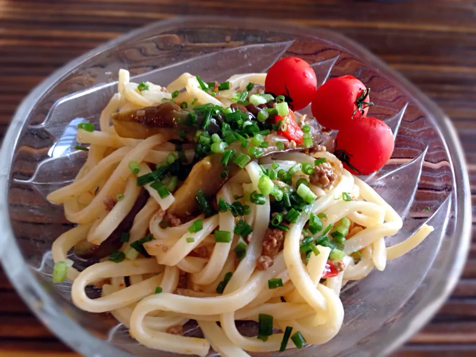 Snapdishの料理写真:冷にみせかけて温！麻婆茄子トマトうどん|よっすぃさん