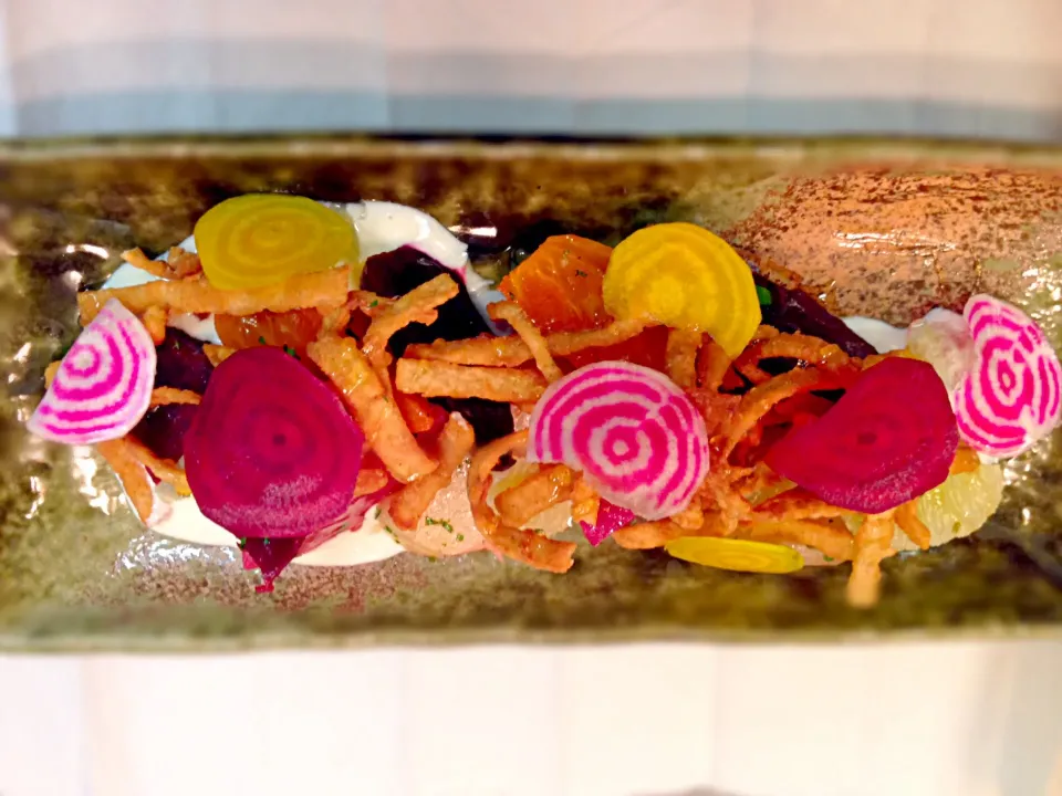 Snapdishの料理写真:Beets, Honey, Ginger Yogurt, Lime, Apple Won Ton|Christopher William Beasleyさん