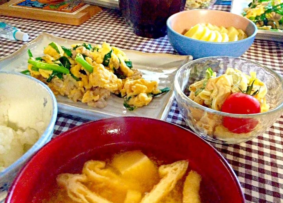 豚肉ニラ玉・マカロニサラダ・豆腐と油揚げのみそ汁|ひかるんさん