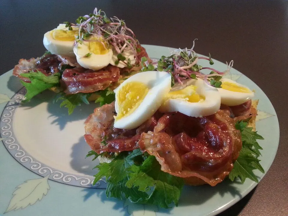 Foccacia with mustard, mizuna,  maple syrup drizzled baked panchetta, soft boiled eggs and radish sprouts|Frank&Jolanda - Eteninbeeldさん