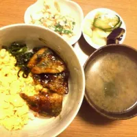 Snapdishの料理写真:鯵の蒲焼き丼 インゲンと人参の白和え 野菜の浅漬け|北さん