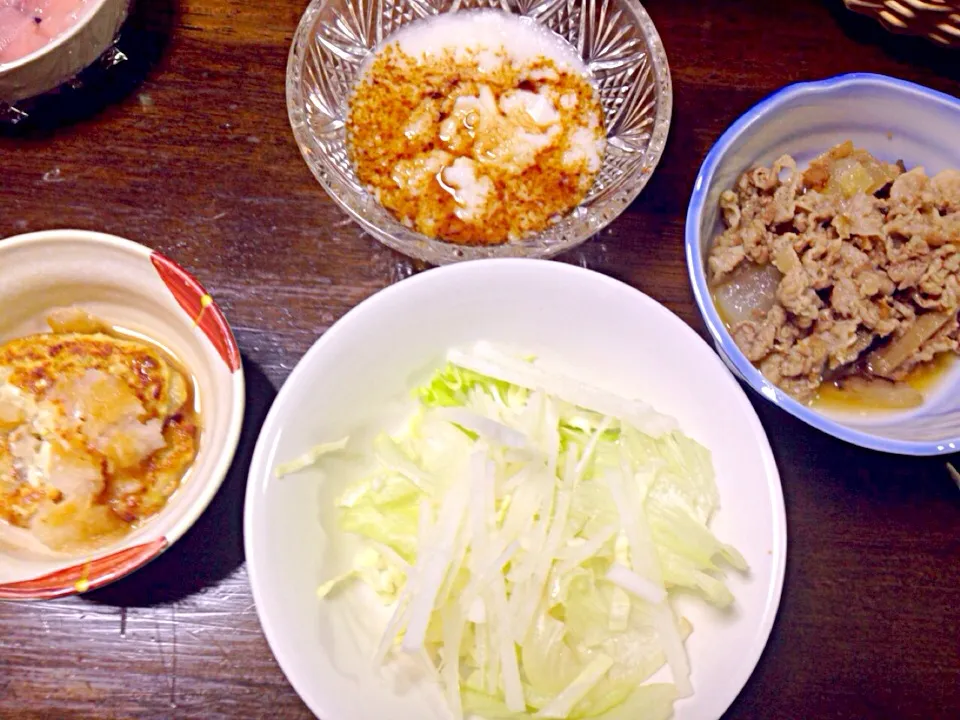 豆腐ハンバーグ大根おろし青じそがけ、長芋、レタスと大根のサラダ、豚バラ大根ごぼうの煮物|ぴこさん