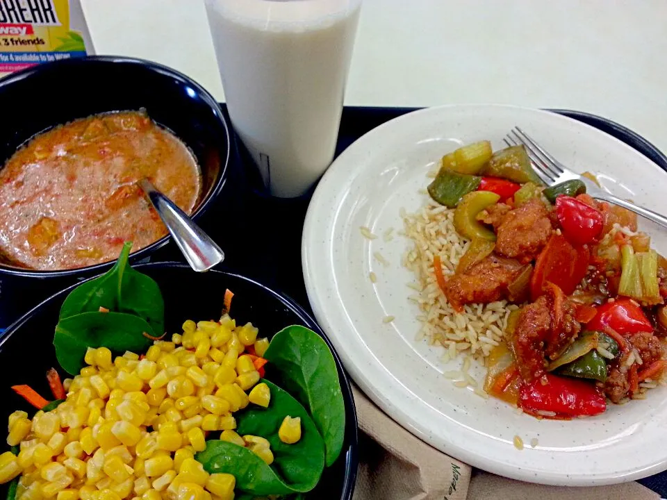 lunch for champs; chicken coconut soup, corn spinach carrot salad, kung pao chicken and rice, soy milk|dennypatronさん