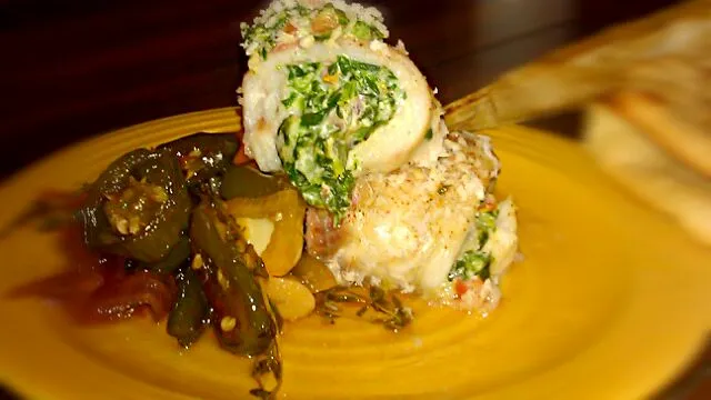 Roulade of Tilapa with Spinach and Cream Cheese accompanied with Bread and Butter Jalapenos|Dustin Stairさん