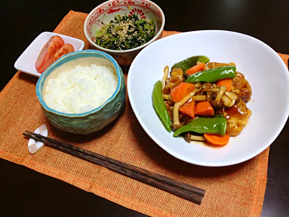 万願寺唐辛子入り酢豚.大根葉とじゃこの胡麻油炒め|恭子さん