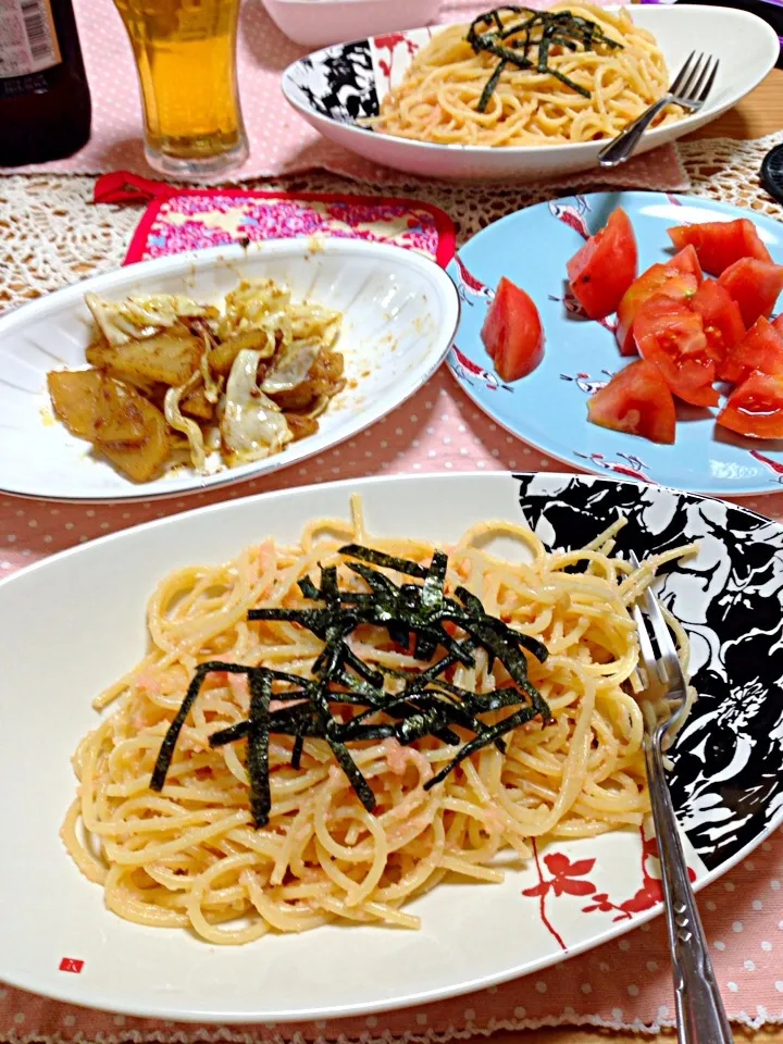 10月29日夜ご飯  明太子パスタとイカのわたで炒めたジャガイモとキャベツ イカの丸ごとわた炒めは撮り忘れました|マイピーさん