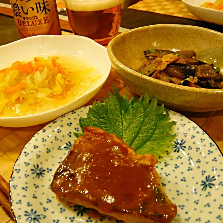 Snapdishの料理写真:鰆の味噌焼き、茄子のコチュ炒め、セロリと春雨の中華スープ|masakoさん