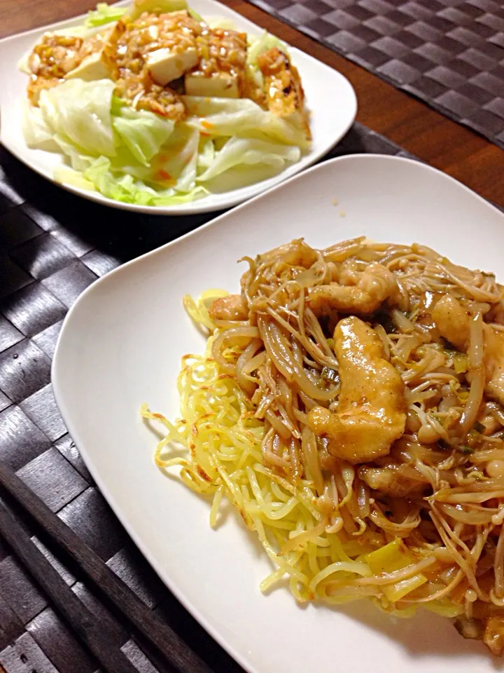 えのきとかササミとか牡蠣醤油麻婆あんかけ焼きそば&キャベツと厚揚げの中華ネギソースがけ|epicuriousさん