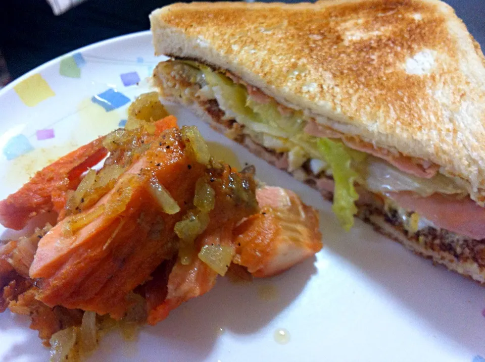 Snapdishの料理写真:ham and egg sandwich buttered salmon|takahashi hitomiさん