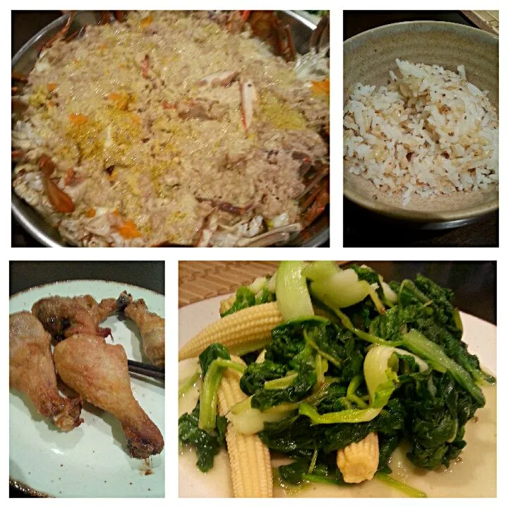 crab and beef dish, chicken drumstick, baby bok choi, rice|ash tamさん