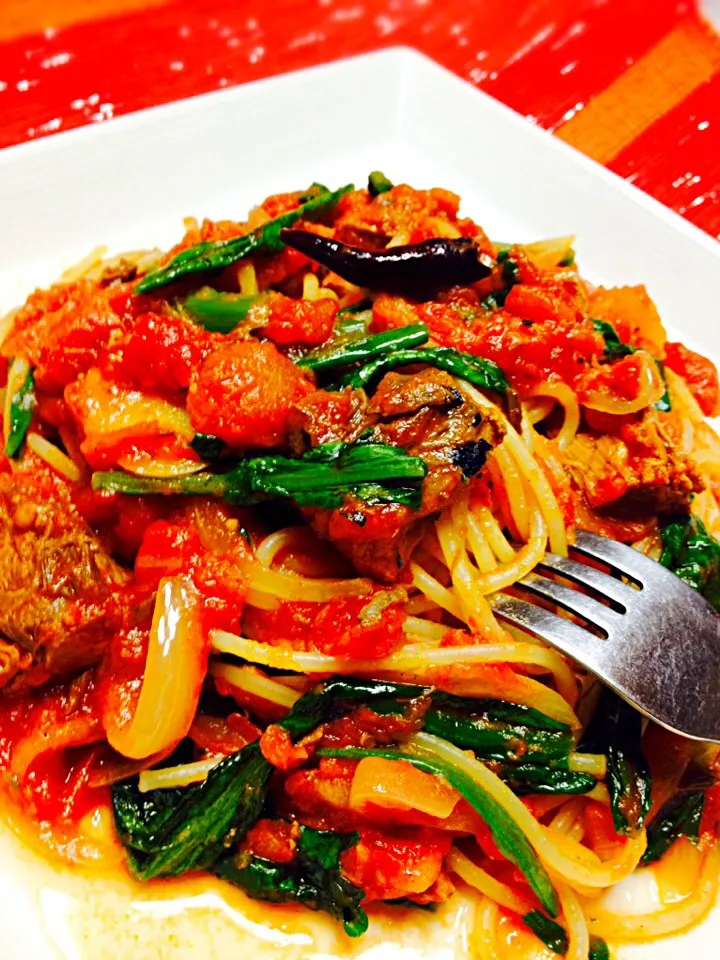 鯖缶と菊菜のトマト🍅パスタ🍝|珍味( ´ ▽ ` )ﾉさん