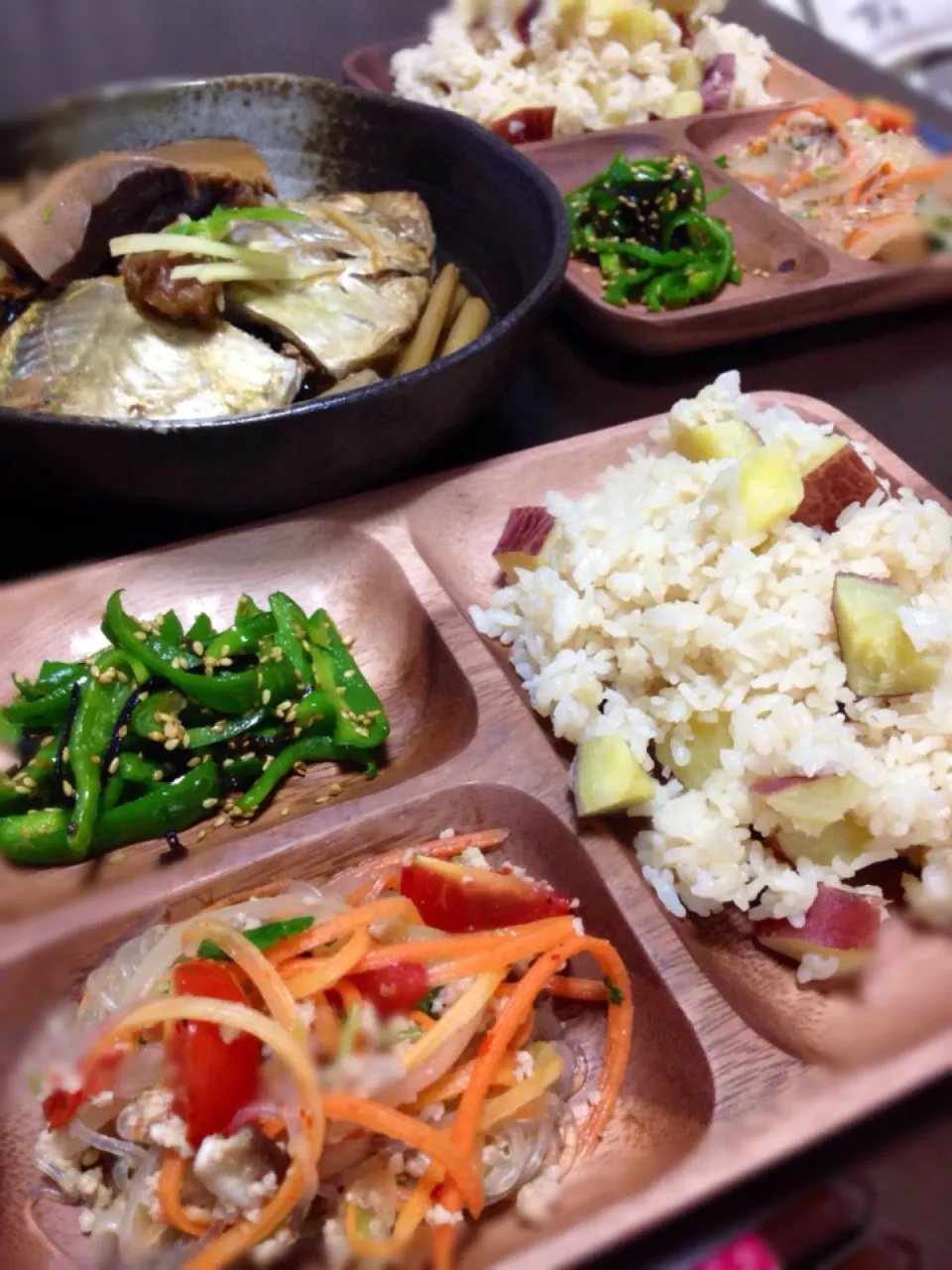 Snapdishの料理写真:Sweet Potato Rice, Boiled Fish, Green Pepper n Thai-style salad Vermicelli|YvoMiwaさん