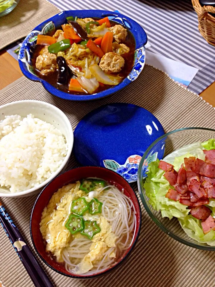 鶏団子八宝菜☆カリカリベーコンサラダ☆オクラ煮麺☆|マイ☆さん