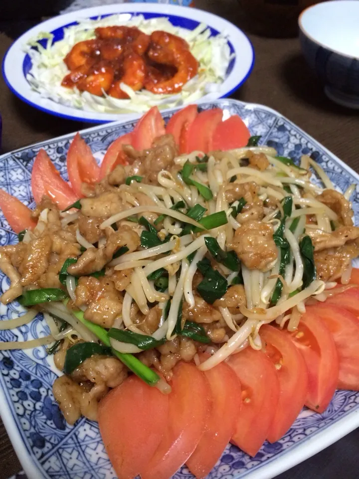 豚肉ともやしの香味炒め♡エビチリ|ちゃきさん