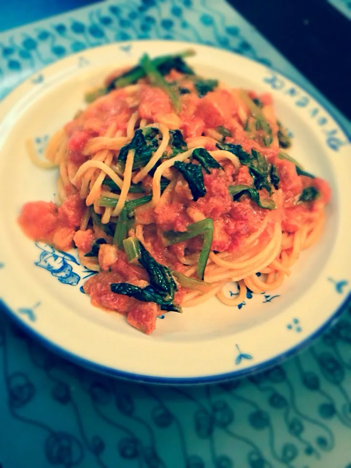 小松菜のトマトクリームパスタ|^_^みさきさん