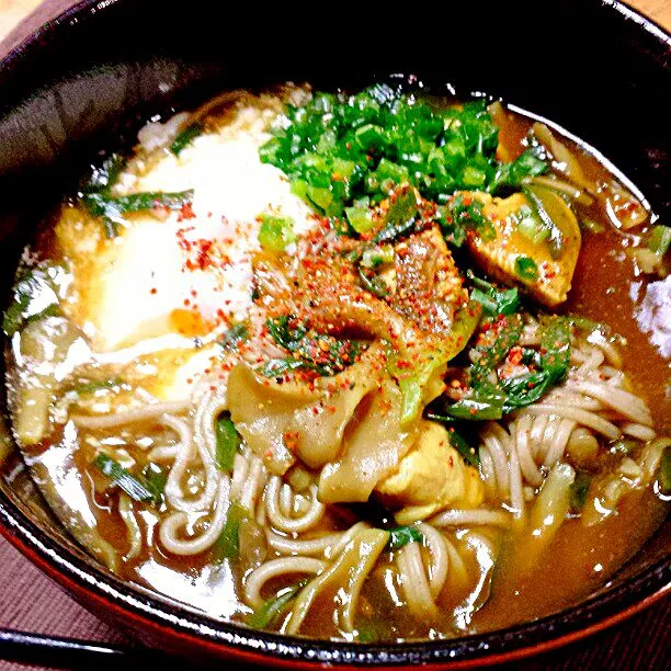 『がぁがさんの( ꒪□꒪)‼
　決壊寸前🍛カレー蕎麦』

今日の晩御飯♡マジウマウマｰｰｰｰｰｰ

カレールゥに味を消されることなく、
ダシの味もしっかりキャッチ!!

蕎麦だからスープをしっかりからめてくれる♪♪

右上の鶏肉がハートに見えるのは私だけ？
早くもぐもぐしてと私を誘ってますねw

せっかく美味なのに、ピ|hitomiさん