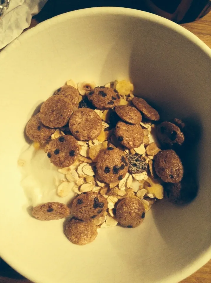 Yogourt and Cookie Crips and muesli for breakfast.|Joannaさん