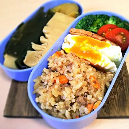 味ご飯とタケノコ昆布かぼちゃの煮物弁当！|hmさん