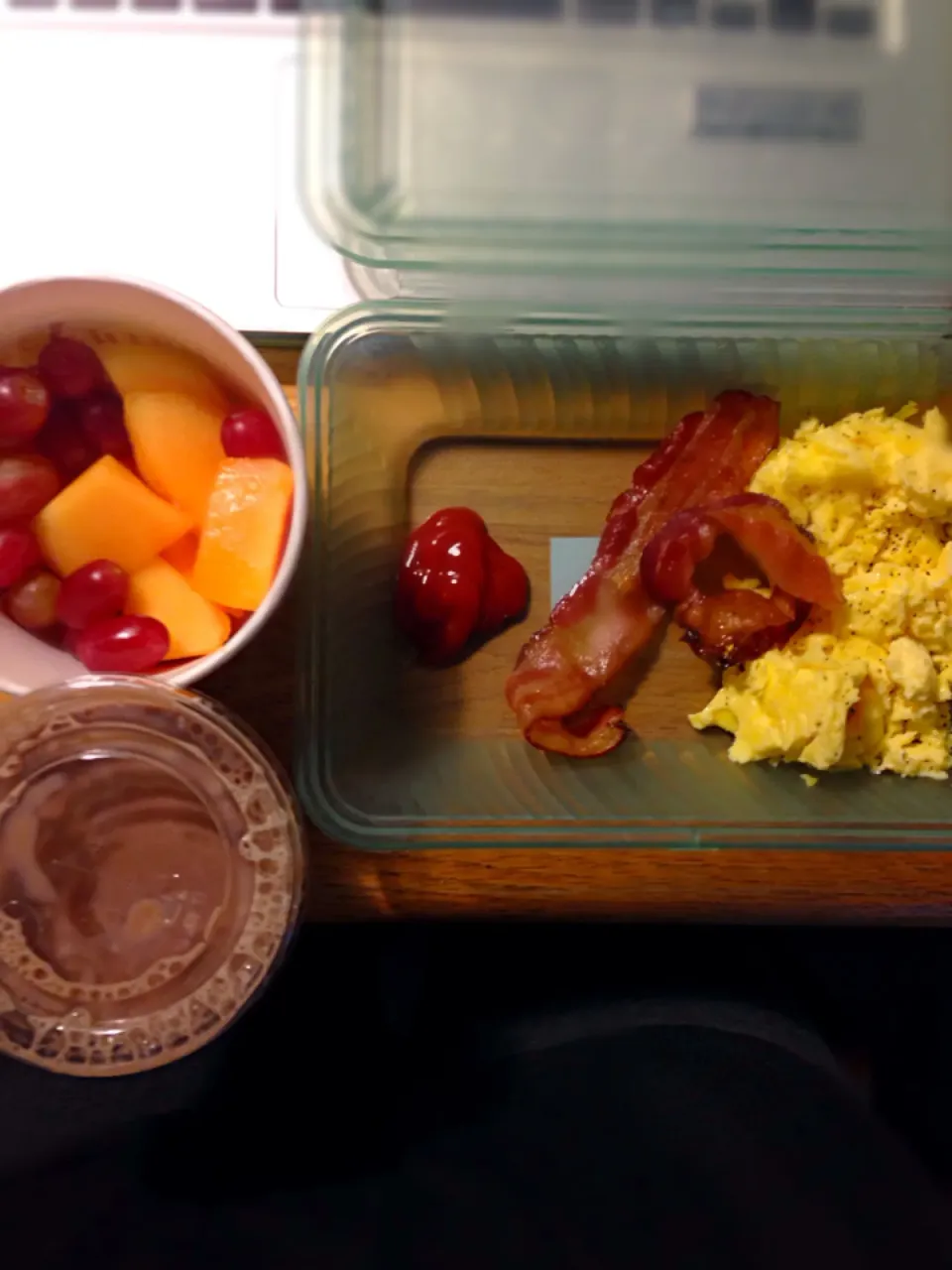 Fruits, eggs and bacon, chocolate soy milk|joie chowさん