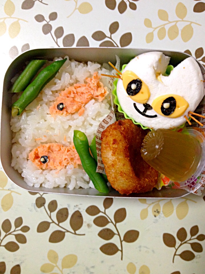 鮭を狙うネコ弁当