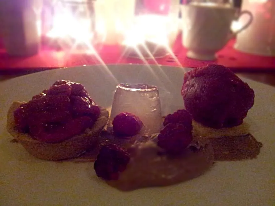 Snapdishの料理写真:Rhubarb tartlet, rose water jelly with raspberry, vegan chocolate mousse and raspberry vodka sorbet|kipper's kitchenさん