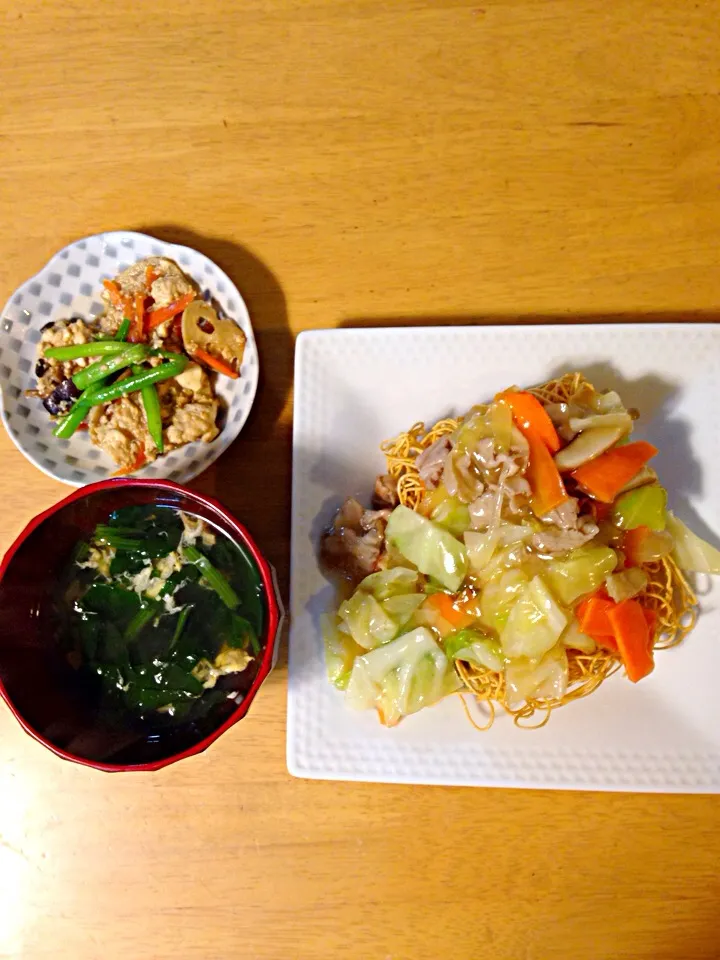 皿うどん ほうれん草のお吸い物 炒り豆腐|ゆきさん