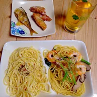 パスタ2種(カルボナーラと和風パスタ)/ブリの竜田揚げ/小アジの南蛮漬け|まさこさん