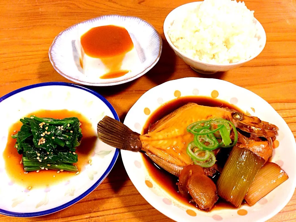 カワハギの煮付け、ほうれん草のお浸し、ゴマ豆腐|pepiさん