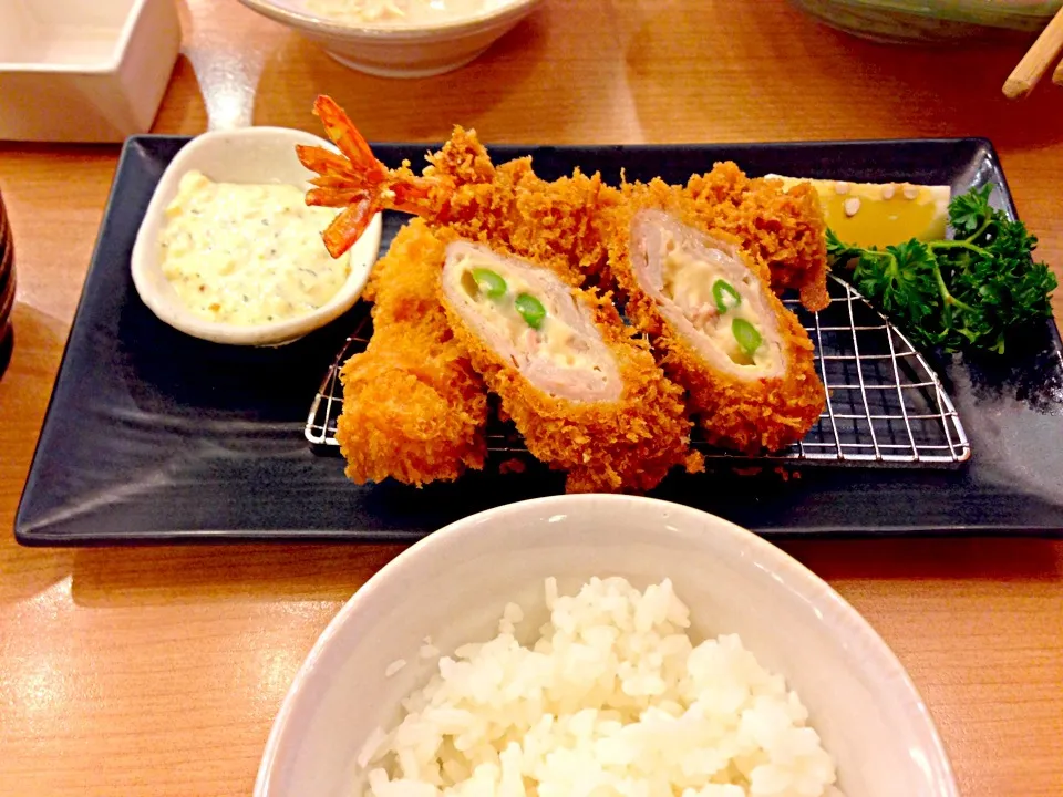 Fried ebi, fried asparagus cheeses roll, creamy crab croquette|PhUnGさん