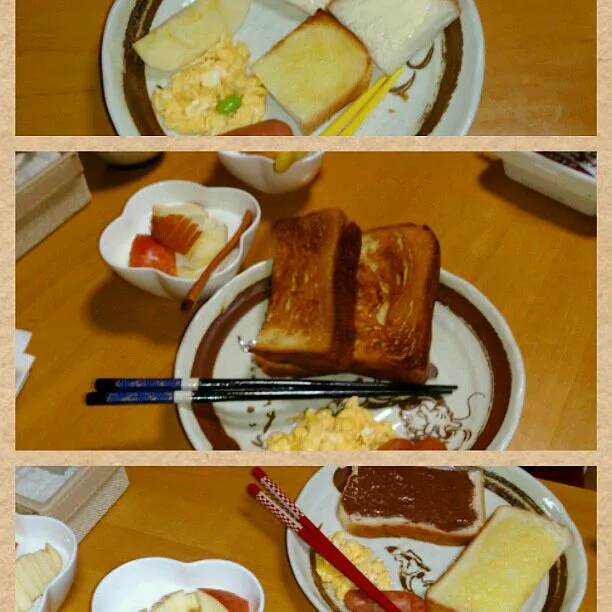 Snapdishの料理写真:朝食
みんなバラバラ
旦那だけボローニャの食パン(^_^;)
朝フルーツはりんご(o^－^o)|ふみぃさん