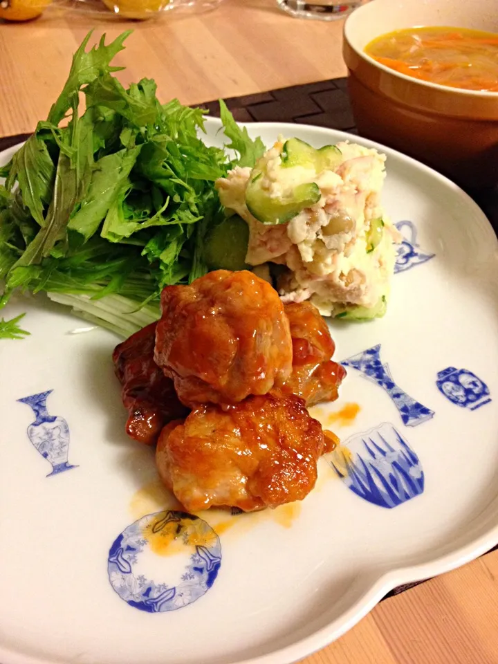 鶏肉の蜂蜜ケチャップ和え，ビーンズ入りポテトサラダ|なほこさん