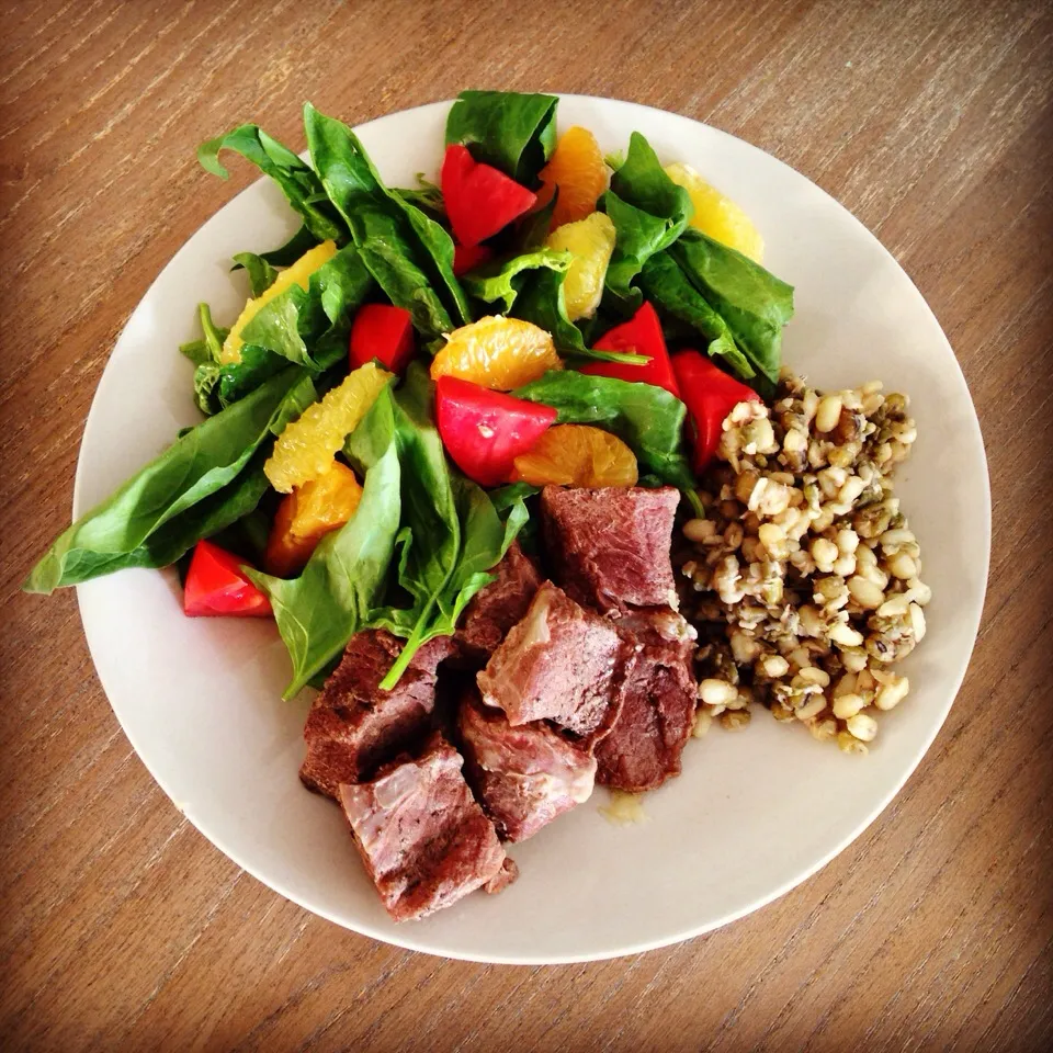 Slow cooked beef, boiled mung bean and spinach salad|sepidehさん