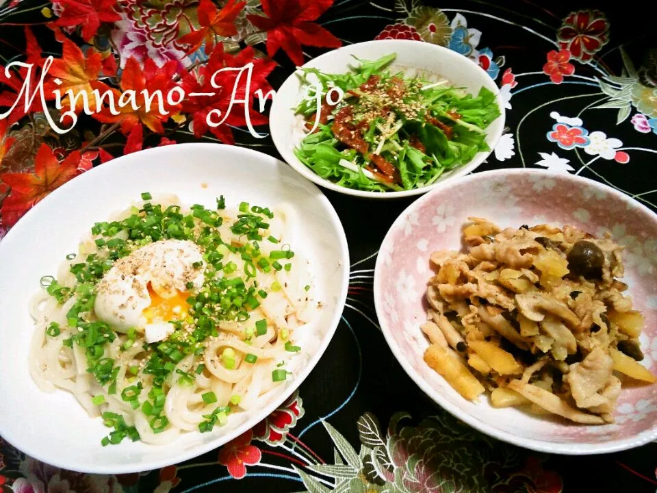 ねぎごまうどん・水菜サラダ・さつまいもと豚肉の炒めもの|みんなのあねごさん