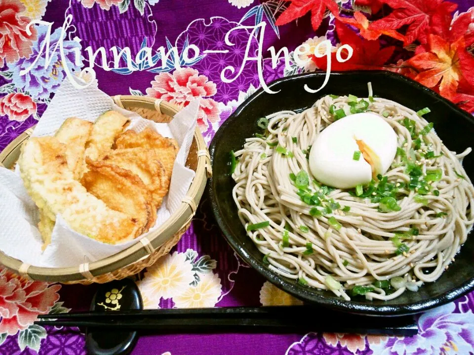 半熟卵のせ蕎麦・さつまいもとかぼちゃの天ぷら|みんなのあねごさん