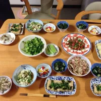 豆腐とエビとセロリのサラダ チキンのくれソル炒め炒め エリンギとネギとベーコンの柚子胡椒炒め サーモンとクリームチーズのカルパッチョ キュウリと塩昆布|Kaori Setoさん