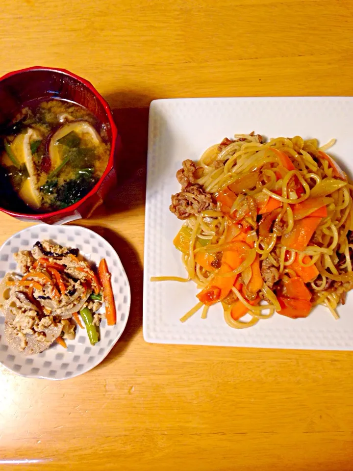 焼きうどん 味噌汁 炒り豆腐|ゆきさん