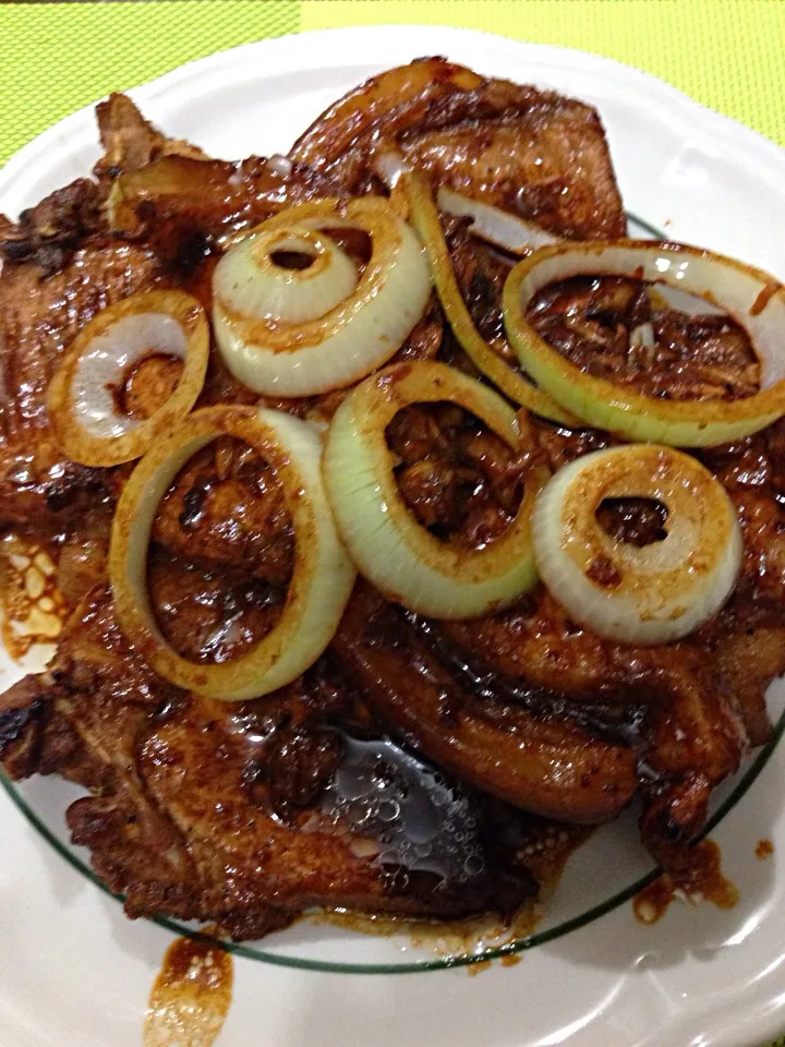 Snapdishの料理写真:Pork steak ala migo🍴(bistek tagalog ni migo) for dinner😘|unicoandunicaさん