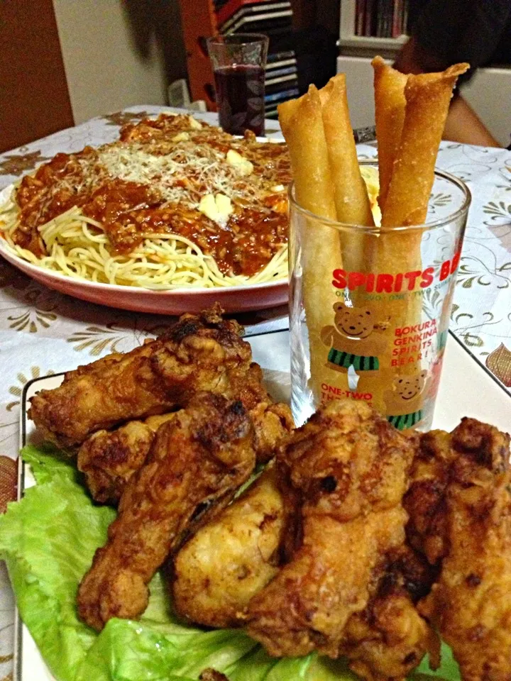 spaghetti# cheese sticks# fried chicken|Len(^_−)−☆さん