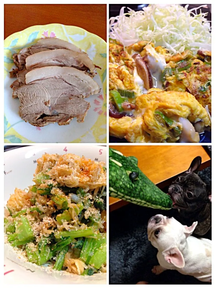 Snapdishの料理写真:猪肉の焼豚  椎茸と葱たっぷり卵焼き  かぶの葉たシラス油揚げ炒め  ワニとワンコ達（笑）|sanaさん