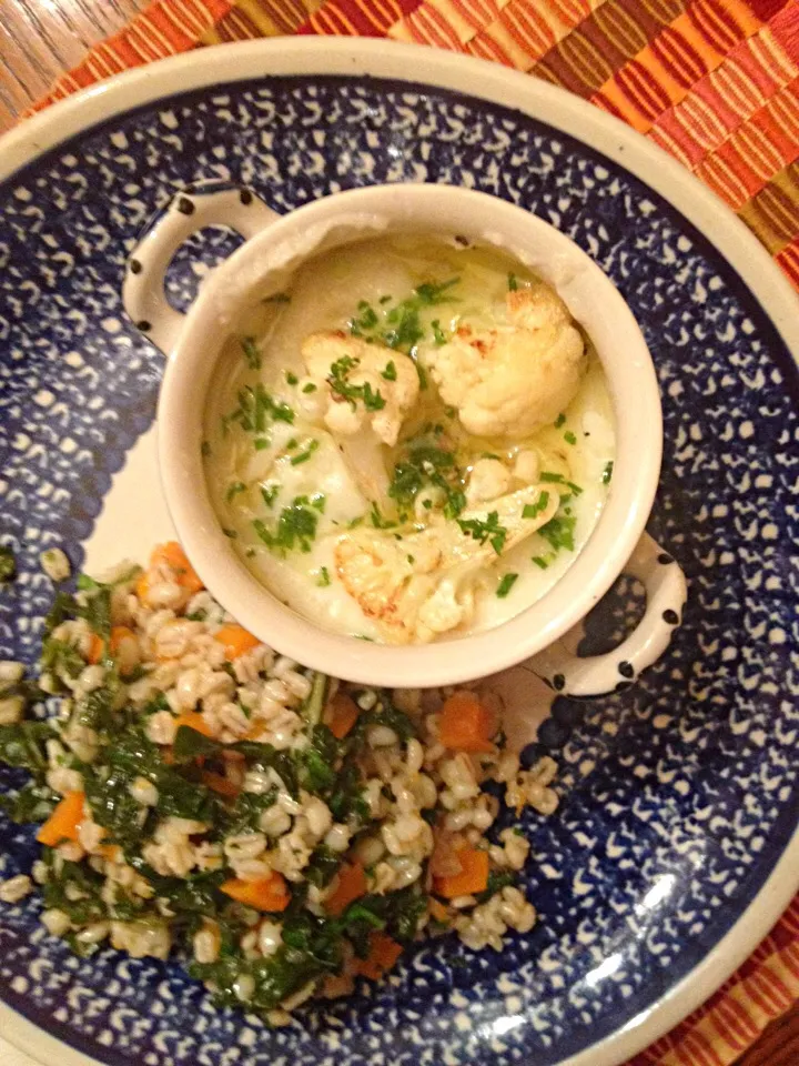 Snapdishの料理写真:Cauliflower soup and barley, kale, butternut squash salad|Matthew Cashenさん