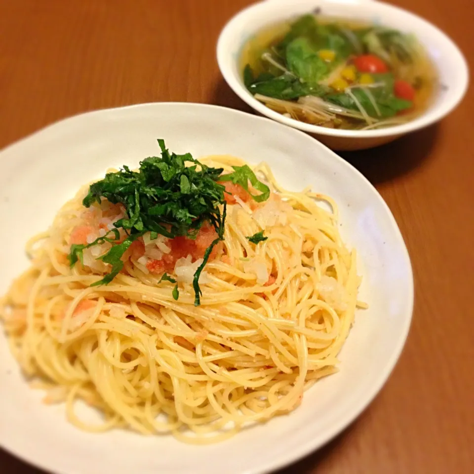 明太子スパゲティと野菜たっぷりスープ|mikochieさん