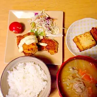 豚汁 サーモンのパン粉焼き 厚揚げの胡麻味噌煮|ゆきさん