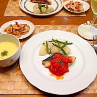 Snapdishの料理写真:鰆のソテー さつまいものスープ 蓮根のチーズ焼き|ゆきちあ( ^ω^ )さん