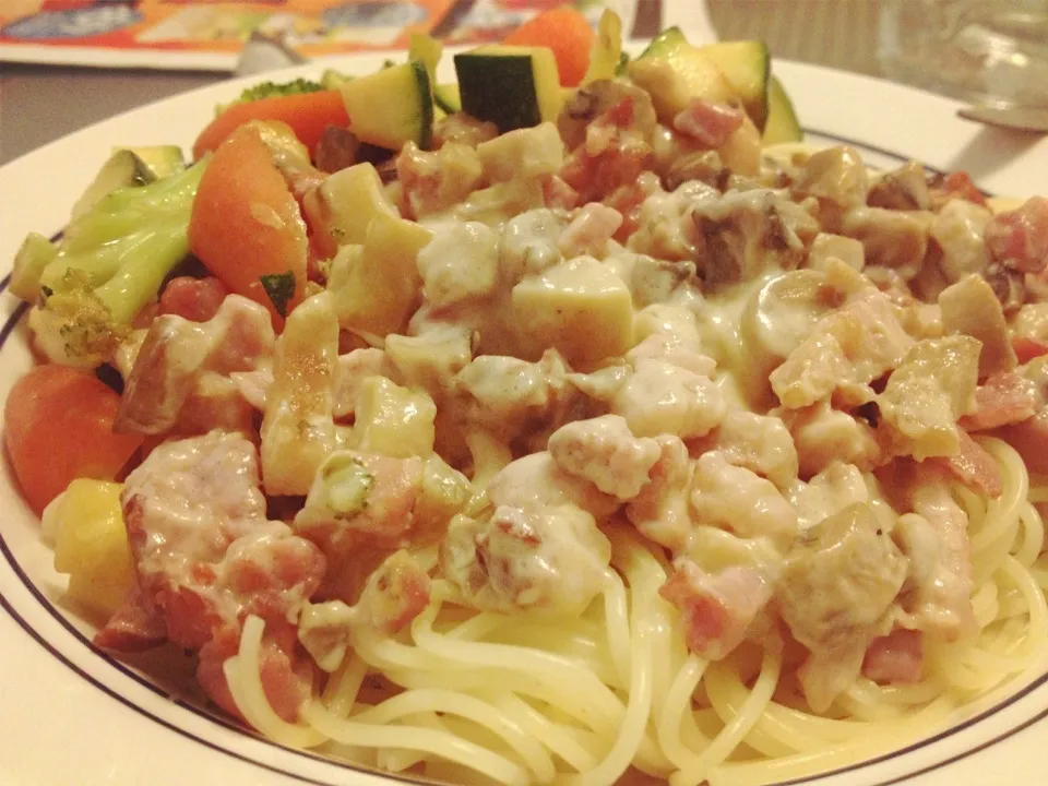 Creamy mushroom and bacon capellini|LCさん