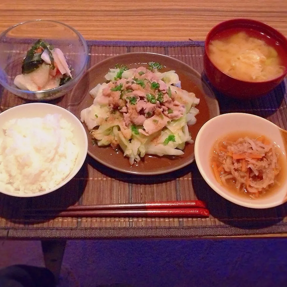 豚しゃぶキャベツ、切り干し大根の煮物、大根の酢の物|はるさん