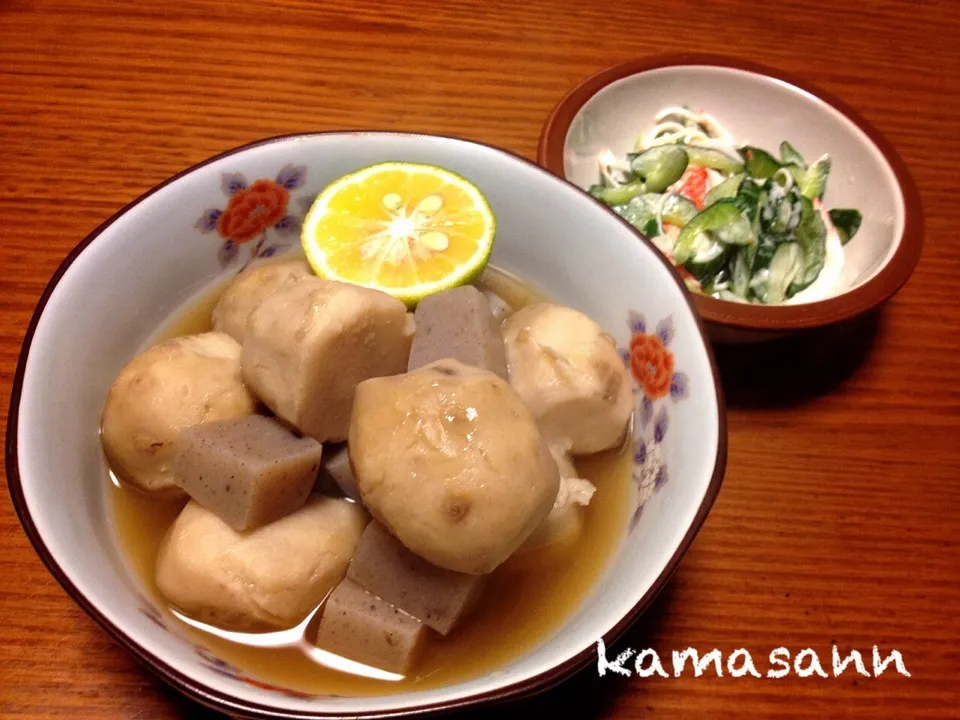 里芋とコンニャクの炊いたん、きゅうりとカニカマのサラダ|かまさん