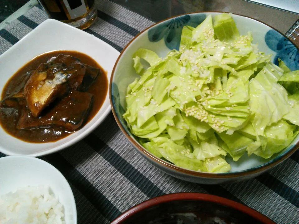 キャベツの塩麹サラダ、サバの味噌煮|ajyuさん