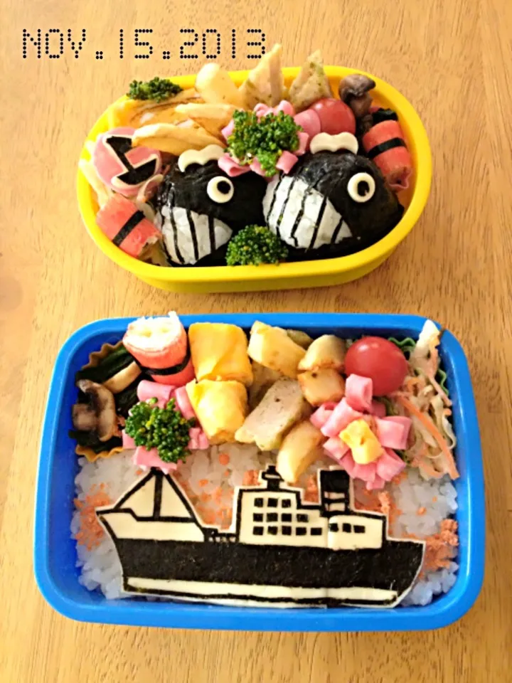 Snapdishの料理写真:長男のリクエスト 🚤船⚓、次男はくじら弁当|ひみえさん