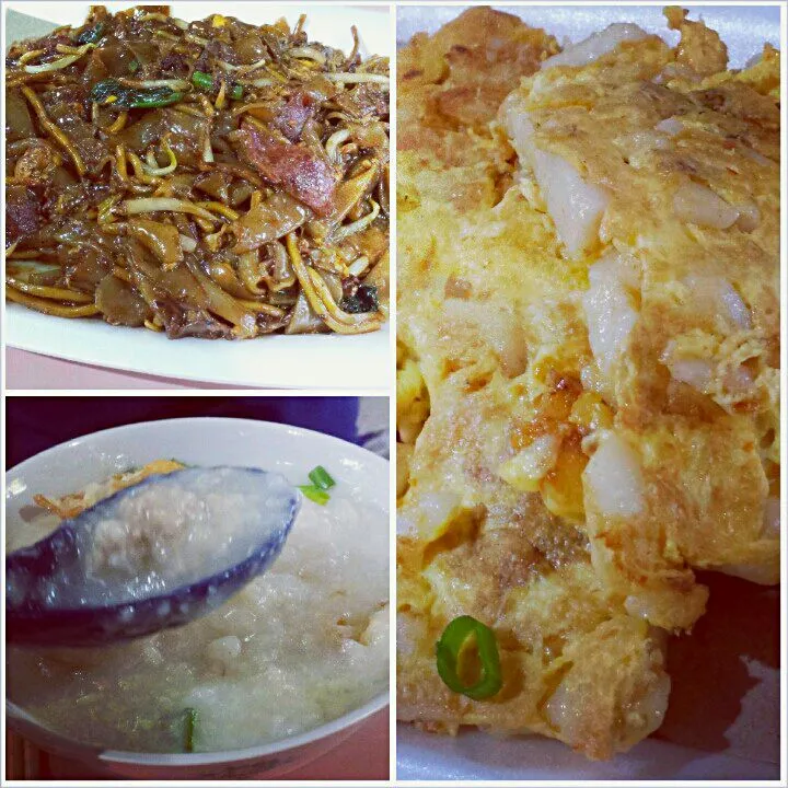 From top right:  fried kway teow,  fried carrot cake and pork porridge. All our favorite food!|genさん