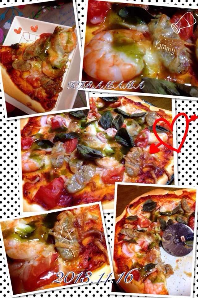 Snapdishの料理写真:娘と二人の夜🌙は冷蔵庫にあるものいっぱい乗せて焼いたピザで夜ごはん🍕|きらままさん